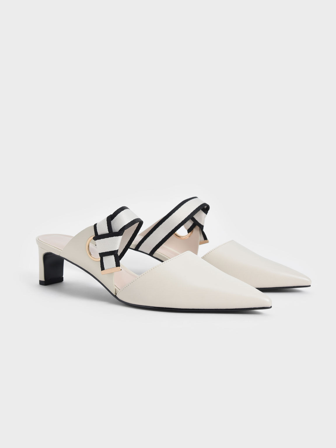 Knotted Fabric Strap Pointed Mules, Chalk, hi-res