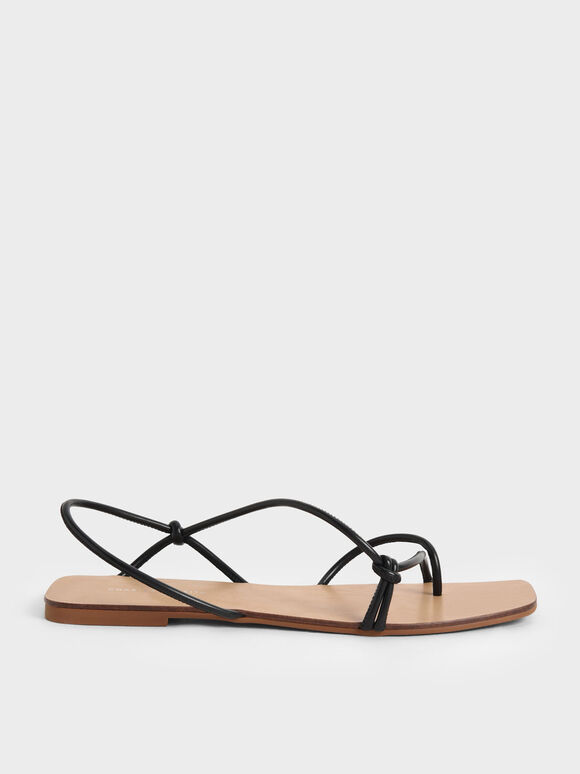 Strappy Knotted Thong Sandals, Black, hi-res