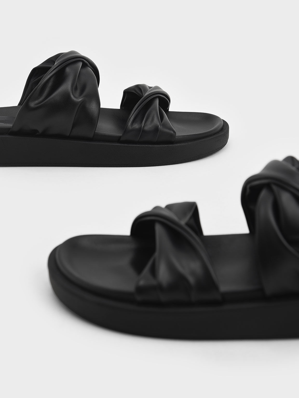 Twist Strap Padded Slide Sandals, Black, hi-res