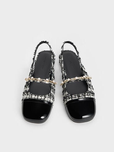 Chaussures en tweed à bride arrière à perles et maillons de chaîne, Noir Texturé, hi-res