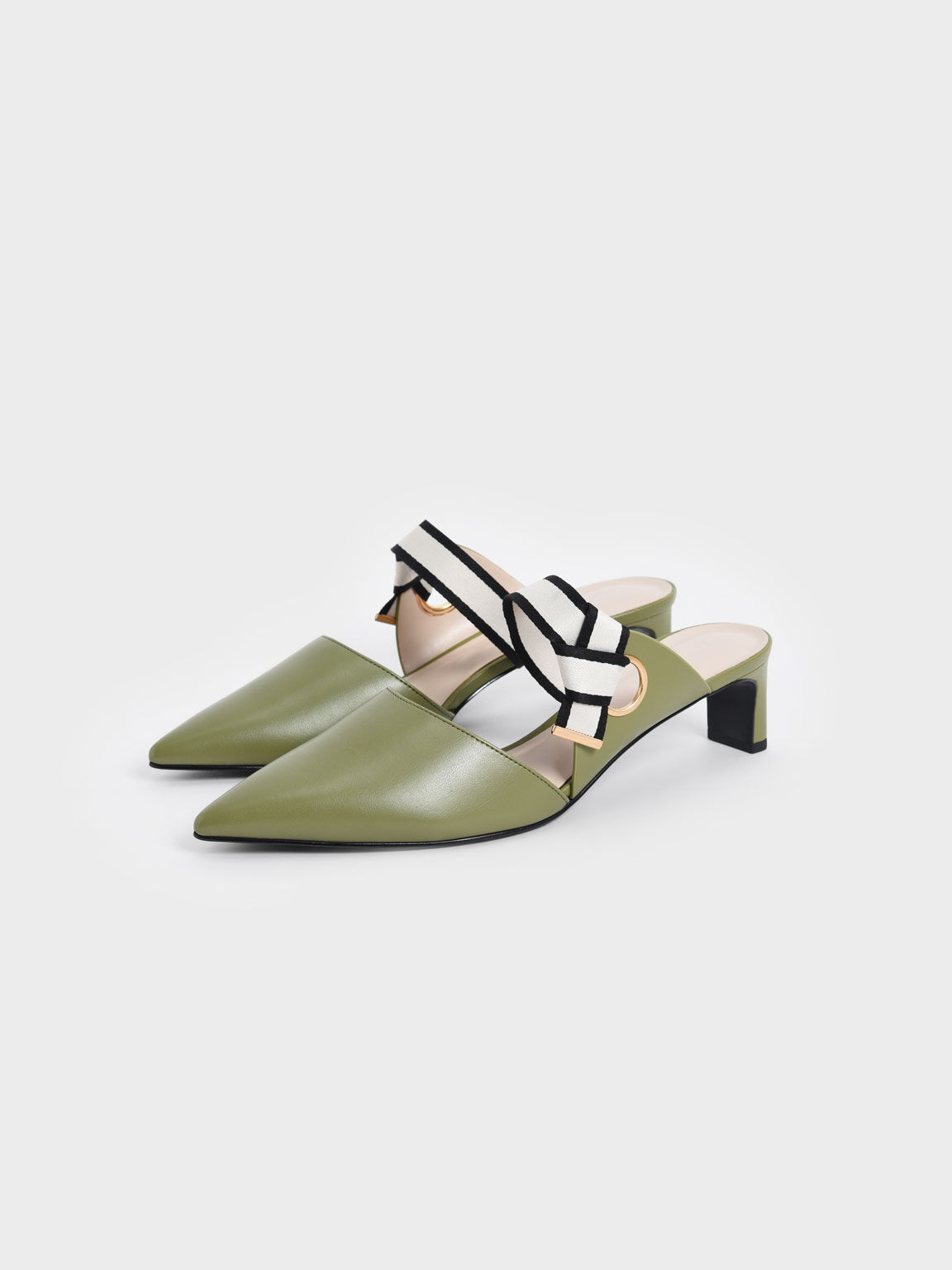 Knotted Fabric Strap Pointed Mules, Olive, hi-res