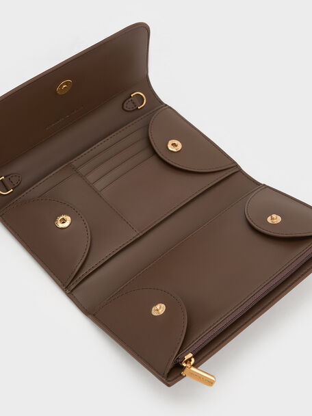 Magnetic Front Flap Long Wallet, Dark Brown, hi-res