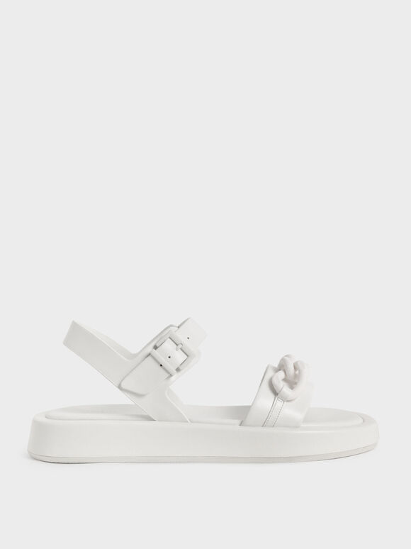 Chunky Chain-Link Ankle-Strap Padded Sandals, White, hi-res
