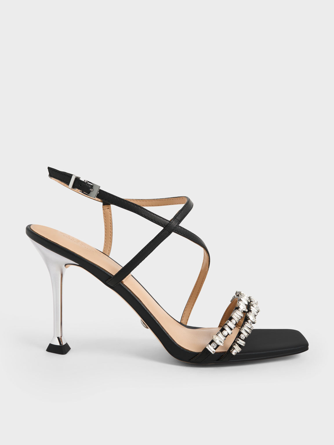 Satin Gem-Embellished Strappy Sandals, Black, hi-res