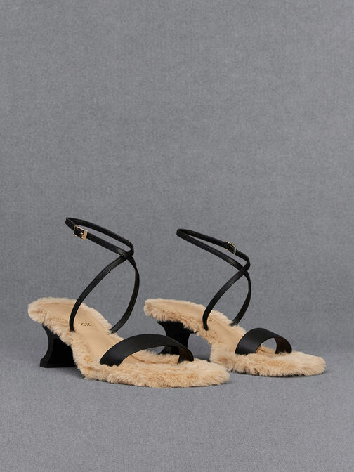 Leather Fur-Lined Ankle-Strap Heeled Sandals, Black, hi-res