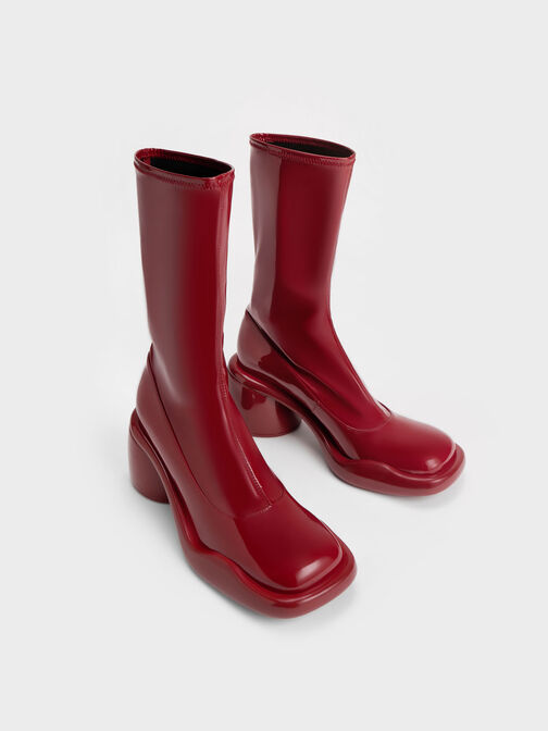 Lula Patent Chunky Heel Calf Boots, Red, hi-res