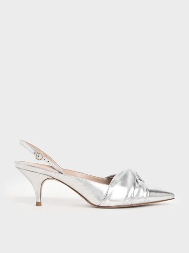 Metallic Knotted Slingback Pumps, Silver, hi-res
