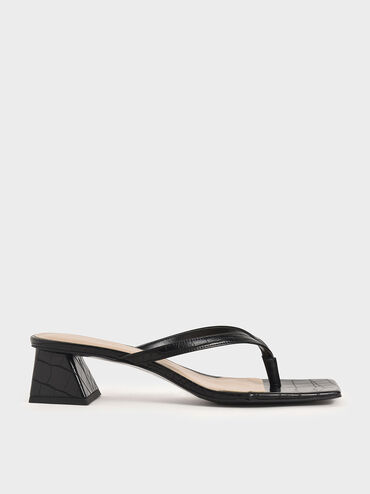 Croc-Effect Thong Heeled Sandals, Black, hi-res