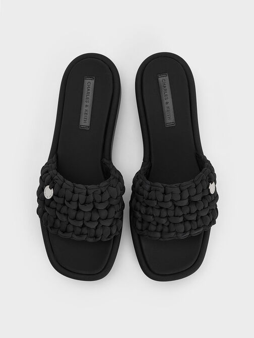 Sandalias tejidas de plataforma plana, Negro texturizado, hi-res