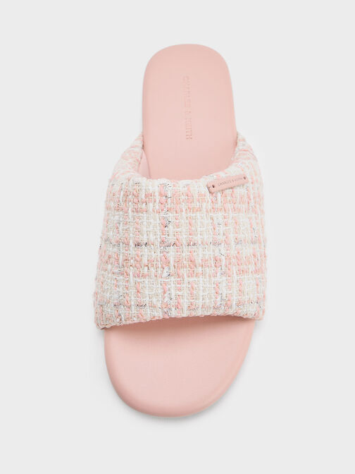 Tweed Puffy Wide-Strap Slide Sandals, Light Pink, hi-res