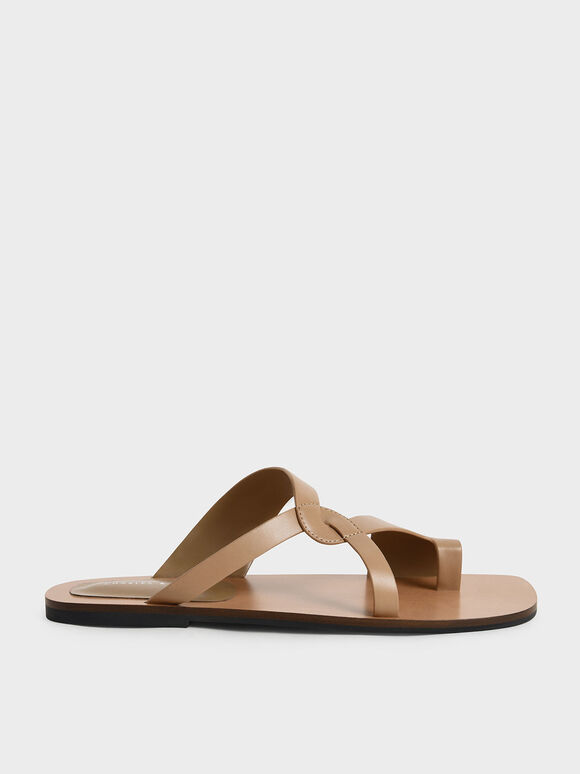 Toe-Ring Strappy Slide Sandals, Camel, hi-res