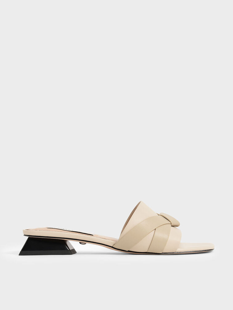 Leather Bow-Tie Trapeze Heel Mules, Chalk, hi-res