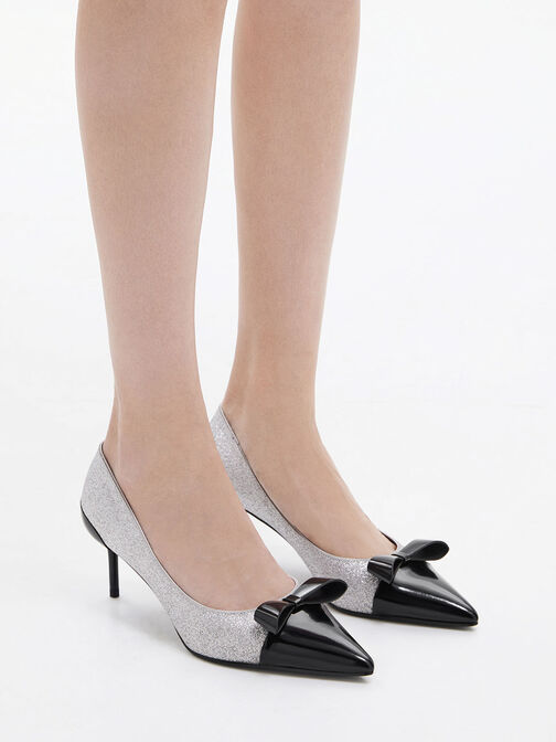 Leather Glittered Pointed-Toe Heels, Silver, hi-res