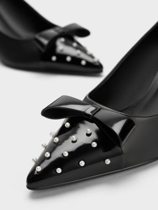 Zapatos de tacón de cuero con punta estrecha y adornos de perla, Negro, hi-res