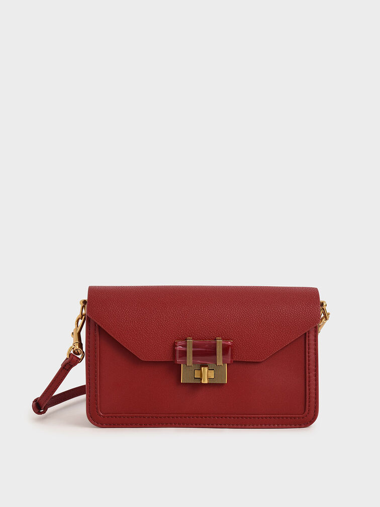 Stone-Embellished Envelope Bag, Red, hi-res