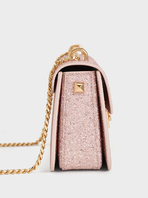 Glittered Push-Lock Chain-Handle Bag, Blush, hi-res