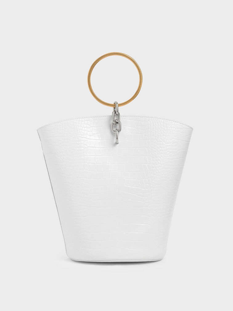Croc-Effect Large Bracelet Bucket Bag, White, hi-res