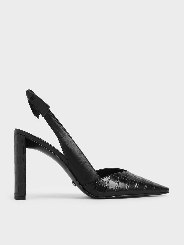 Leather Croc-Effect Bow-Slingback Heels, Black, hi-res