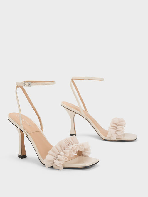 Patent Leather Ruffled Mesh Heeled Sandals, Chalk, hi-res