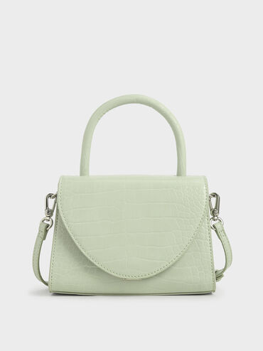 Croc-Effect Structured Top Handle Bag, Mint Green, hi-res