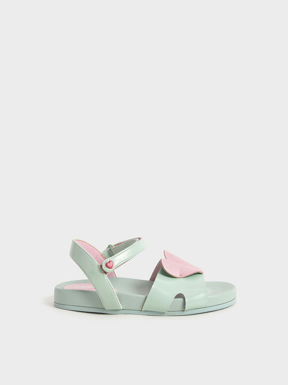 Valentine's Day Collection: Girls' Heart-Motif Ankle Strap Sandals, Light Green, hi-res