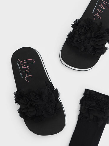 Sandalias con plataforma plana de malla floral, Negro, hi-res