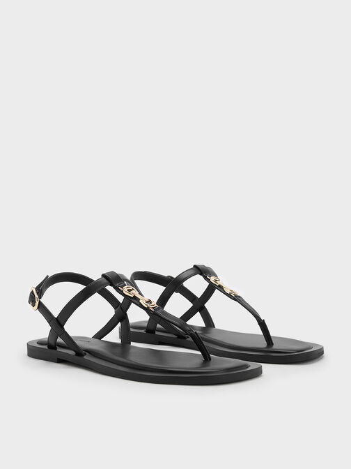 Sandales tongs à détail métallique, Noir, hi-res