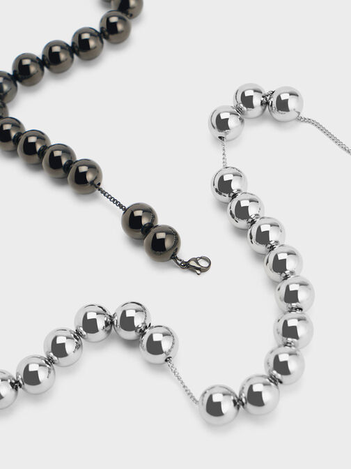 Metallic Beaded Necklace, Silver, hi-res