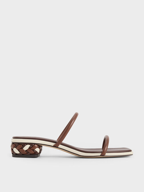 Double-Strap Braided-Heel Mules, Brown, hi-res
