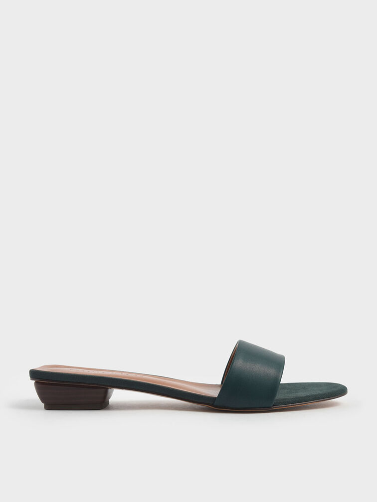 Stacked Heel Slide Sandals, Dark Green, hi-res
