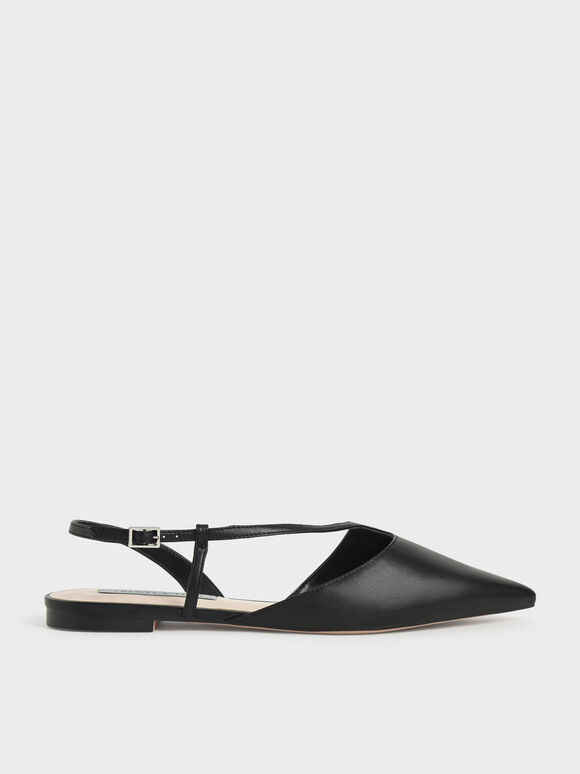 Pointed Toe Asymmetric Strap Ballerina Flats, Black, hi-res
