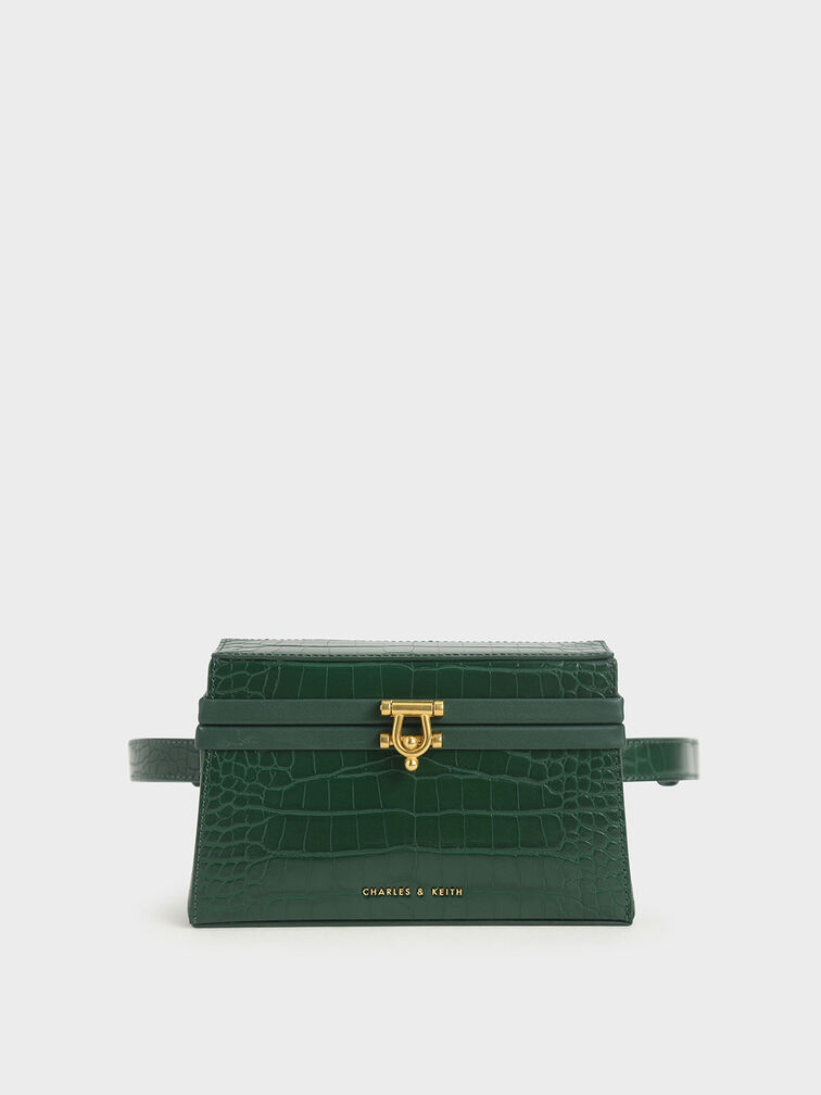 Croc-Effect Trapeze Belt Bag, Green, hi-res