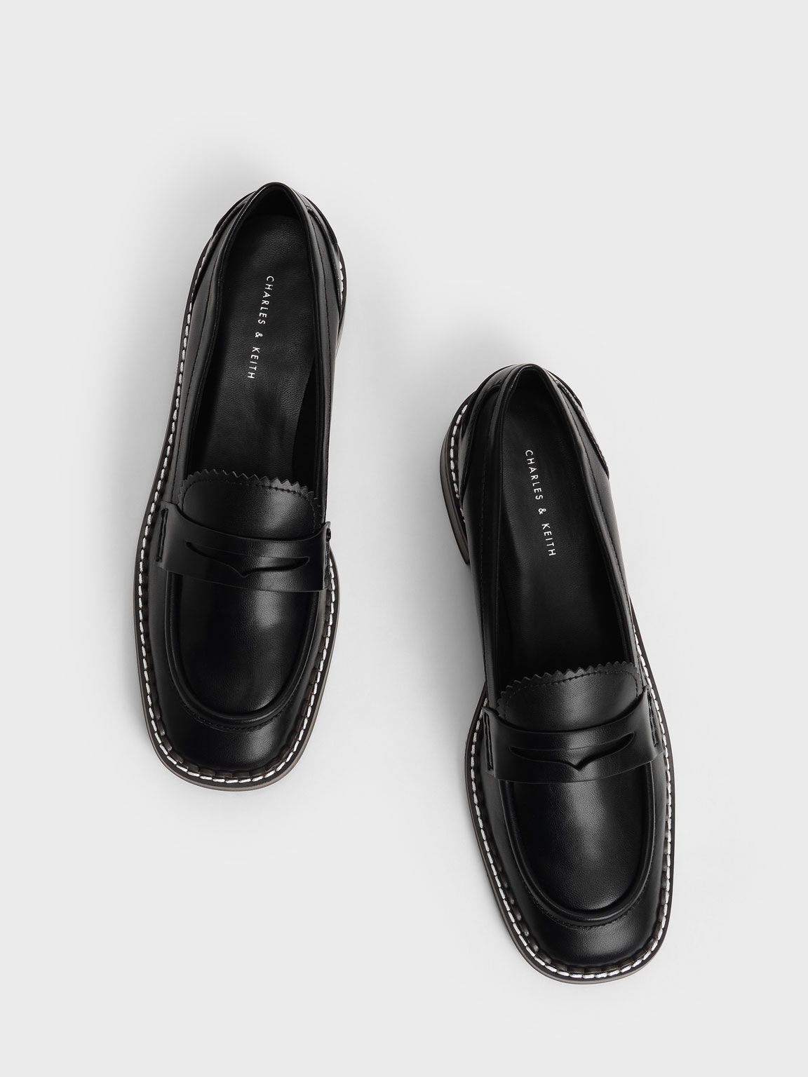 Scallop-Trim Penny Loafers, Black, hi-res