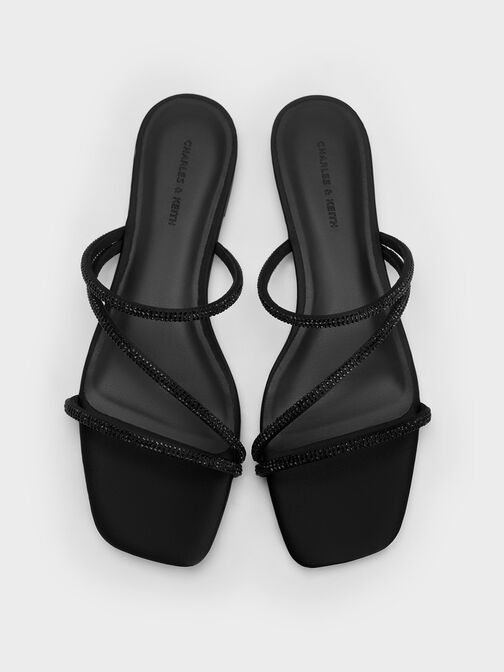 Sandalias de satín con tiras adornadas con pedrería, Negro texturizado, hi-res