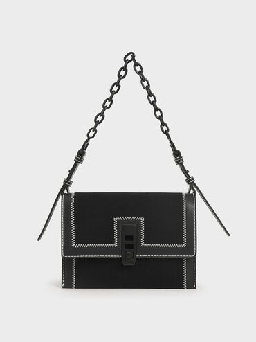 Canvas Turn-Lock Chain Handle Bag, Black, hi-res