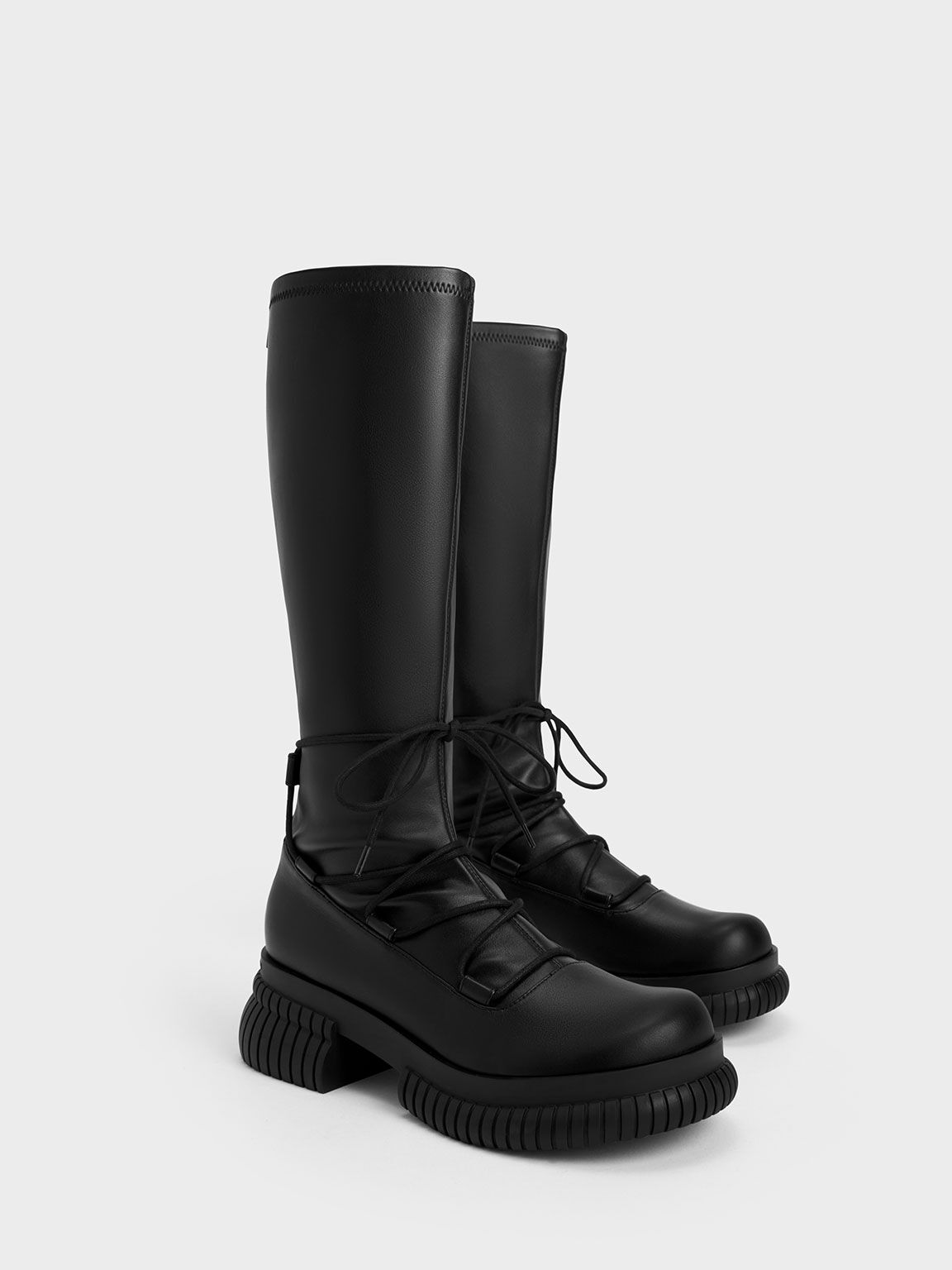 Lace-Up Knee-High Boots, Black, hi-res