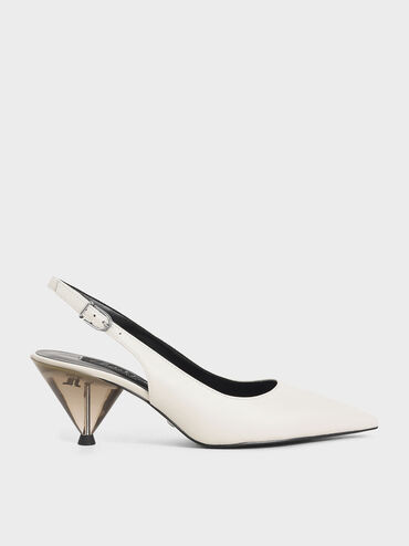 Leather Cone Heel Pumps, White, hi-res