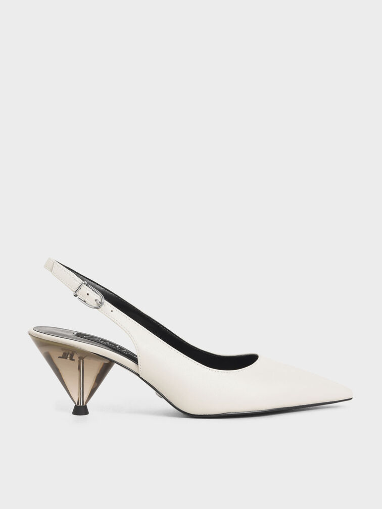 Leather Cone Heel Pumps, White, hi-res
