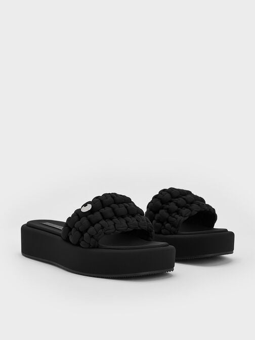 Sandalias tejidas de plataforma plana, Negro texturizado, hi-res