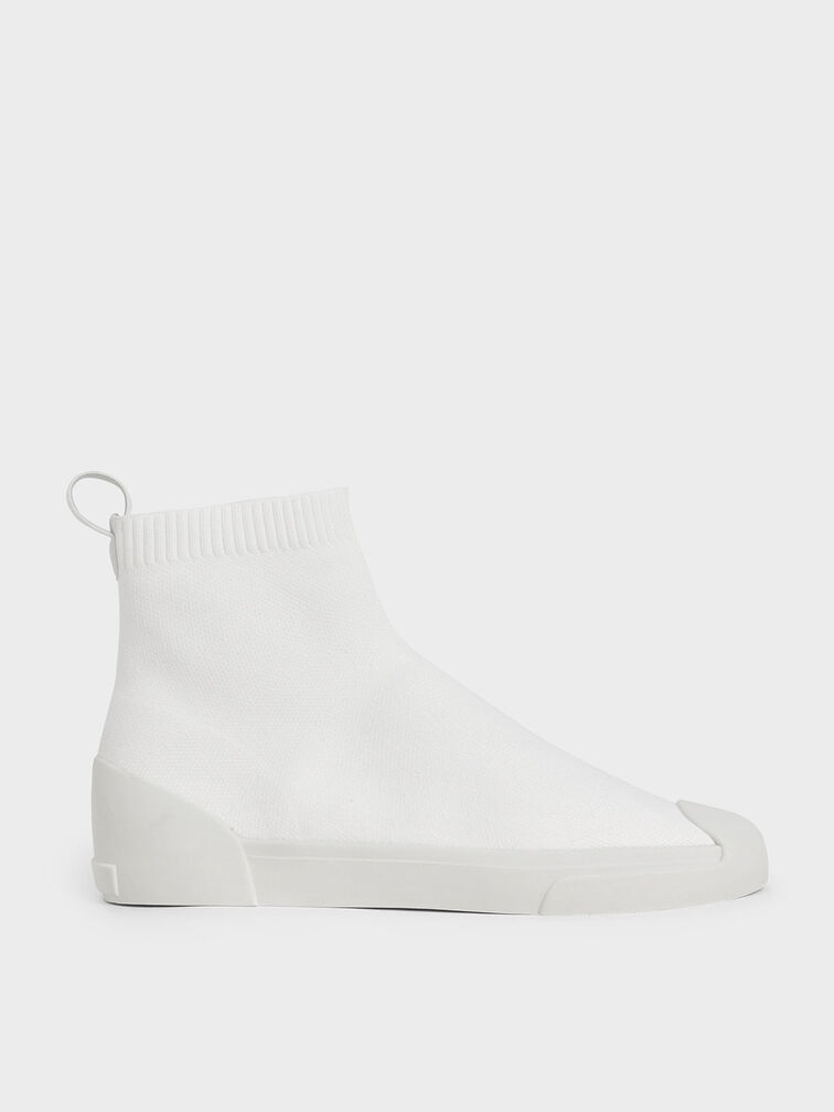 Knitted High Top Slip-On Sneakers, White, hi-res