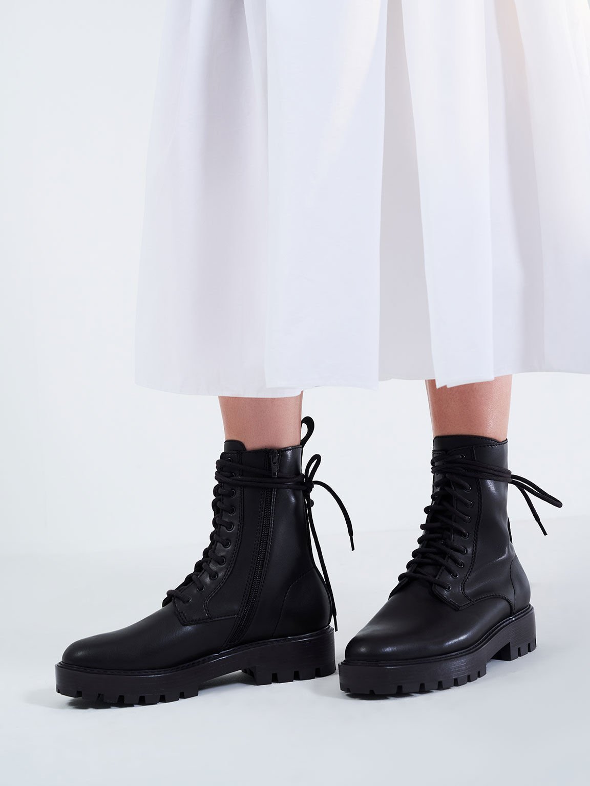 Lace-Up Calf Boots, Black, hi-res