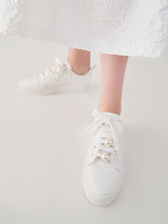 The Bridal Collection: Blythe Leather & Satin Bead-Embellished Sneakers, White, hi-res