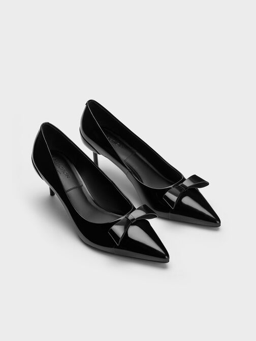 Zapatos de tacón de cuero con punta estrecha, Negro pulido, hi-res