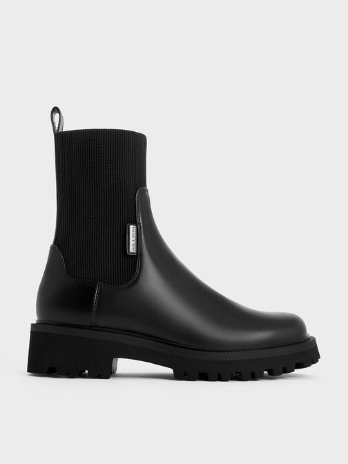 Knitted Sock Ridge-Sole Chelsea Boots, Black, hi-res