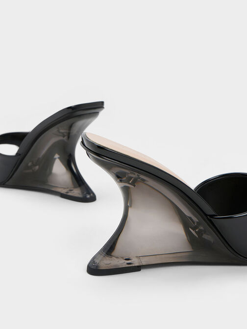 Patent Sculptural Heel Wedges, Black Patent, hi-res