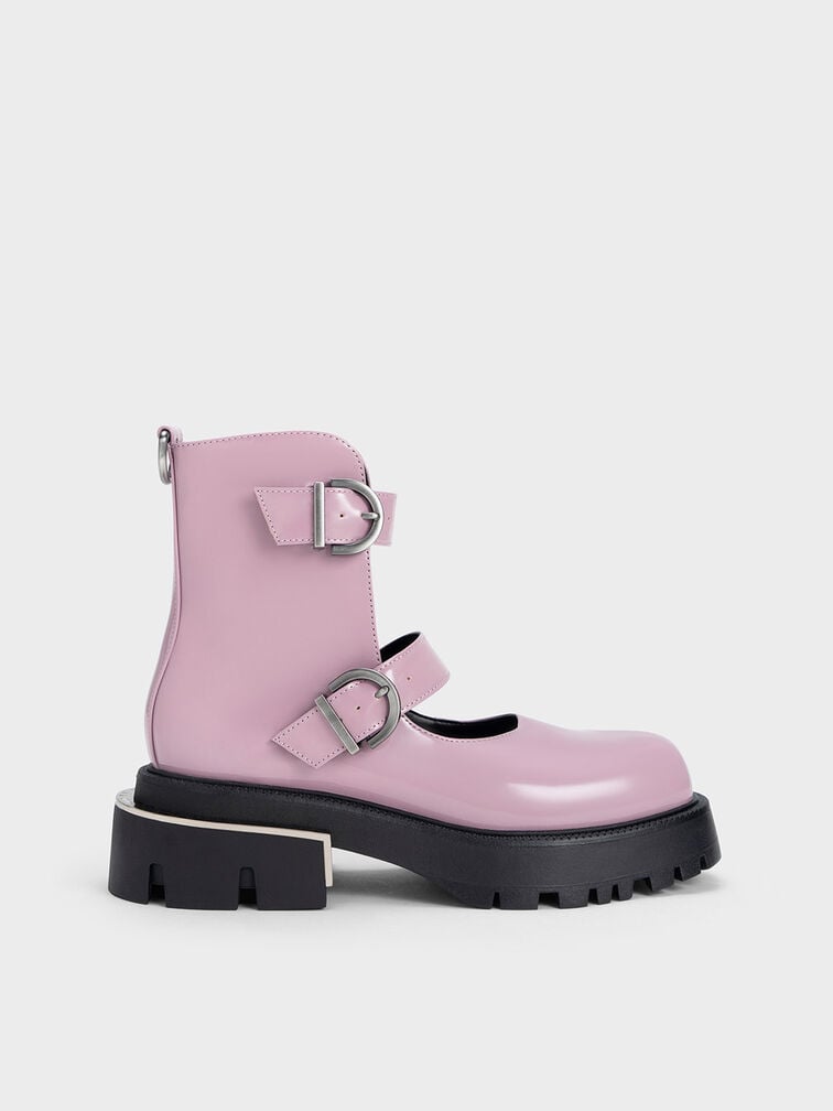 Selma Patent Buckled Chunky Boots, Lilac, hi-res
