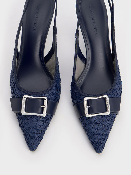 Zapatos de tacón destalonados de rafia con punta afilada y hebilla, Azul oscuro, hi-res