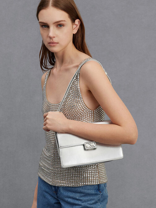 Metallic Leather Shoulder Bag, Silver, hi-res