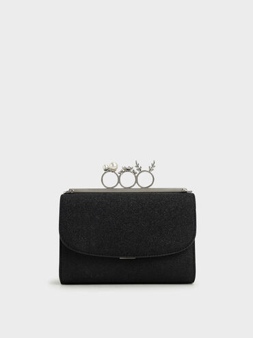Glittered Knuckle-Ring Clutch, Negro texturizado, hi-res