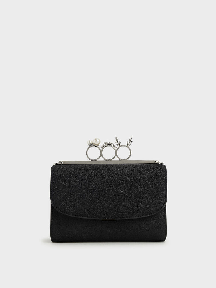 Glittered Knuckle-Ring Clutch, Negro texturizado, hi-res